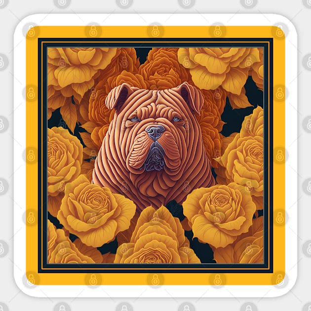 Dogs, sharpei dog and flowers, dog, style vector (Yellow version sharpei) Sticker by xlhombat